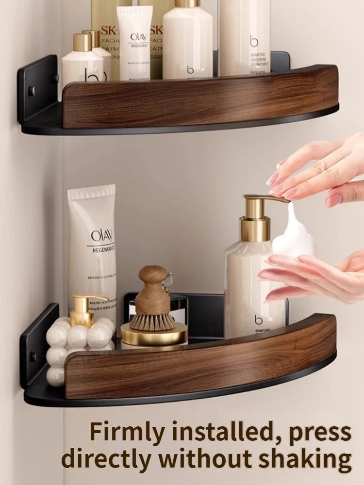 Wood & Aluminum Wall-Mounted Corner Shelf – Bathroom Organizer