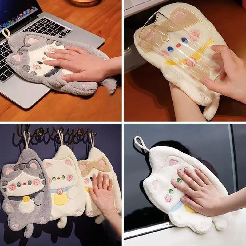 Cute Cat Hand Towel | Absorbent Coral Fleece Hanging Kitchen Rag