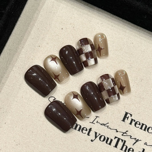 Handmade Press on Nails Retro Brown Grid Cat Eye False Nail Tips for Women Wearable Autumn Winter Short Square Head Fake Nails Peaceful Pleasures Health and Wellness XS