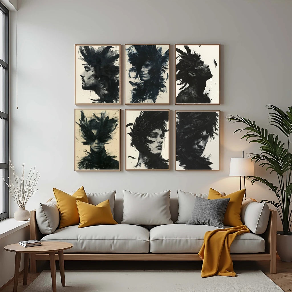 Black & White Feathers Man Canvas Wall Art | Modern Abstract Canvas Wall Art Peaceful Pleasures Health and Wellness