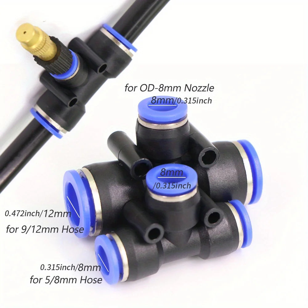 5PC Adjustable Brass Misting Nozzle with Tee Quick Connector for OD-8mm OD-12mmPE Hose Sprayer Garden Plants Atomizing Sprinkler Peaceful Pleasures Health and Wellness
