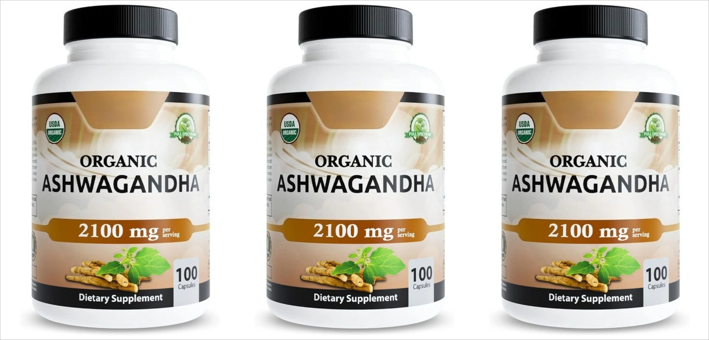Organic Ashwagandha Capsules | Root Powder & Extract 100 Ct