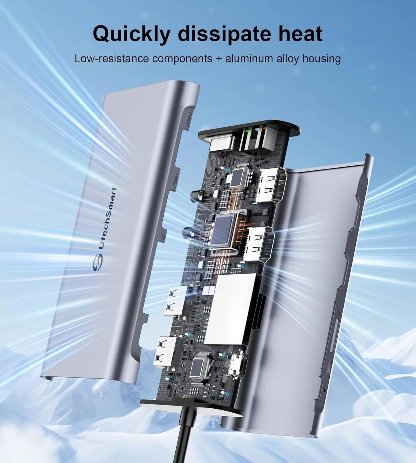 Electronic component with cooling fins on a blue background