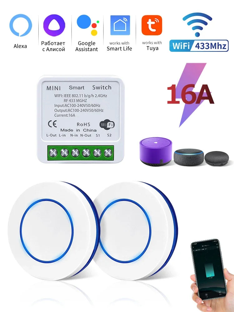 Tuya WiFi Smart Switch 20A RF433MHz – App & Voice Control