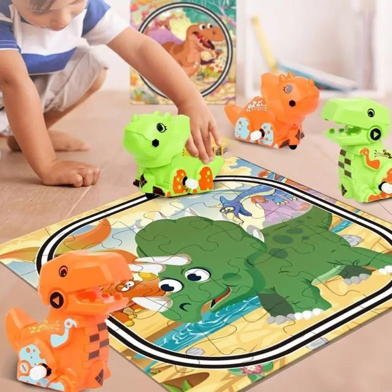 Dinosaur Puzzle & Windup Track Play Set for Kids | Toy Gift