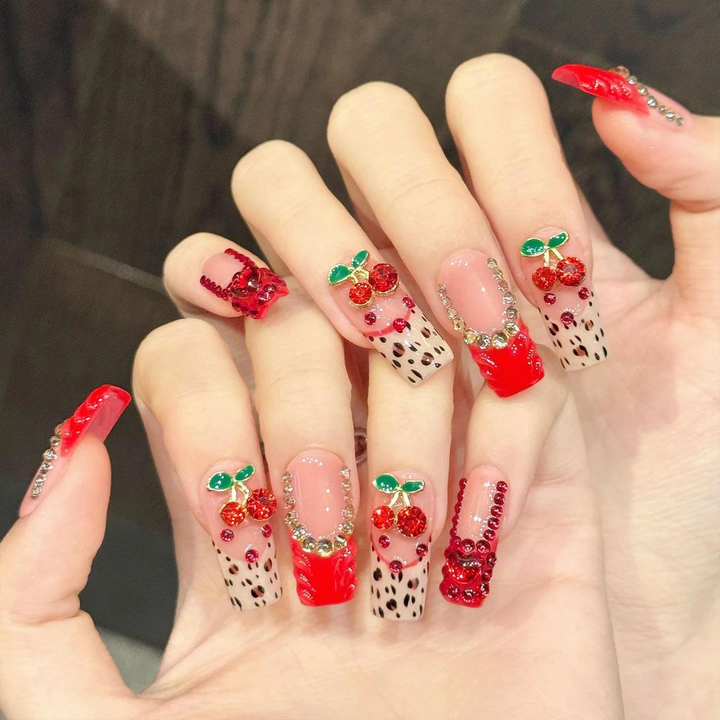 Cherry Red Leopard Press On Nails | Glitter Rhinestone French