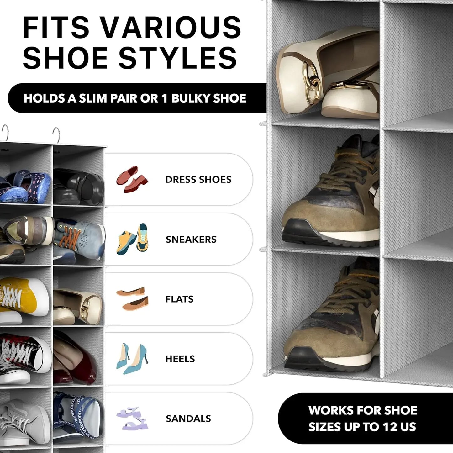 24-Section Hanging Shoe Organizer for Closet, Gray - Space-Saving Storage Solution Peaceful Pleasures Health and Wellness