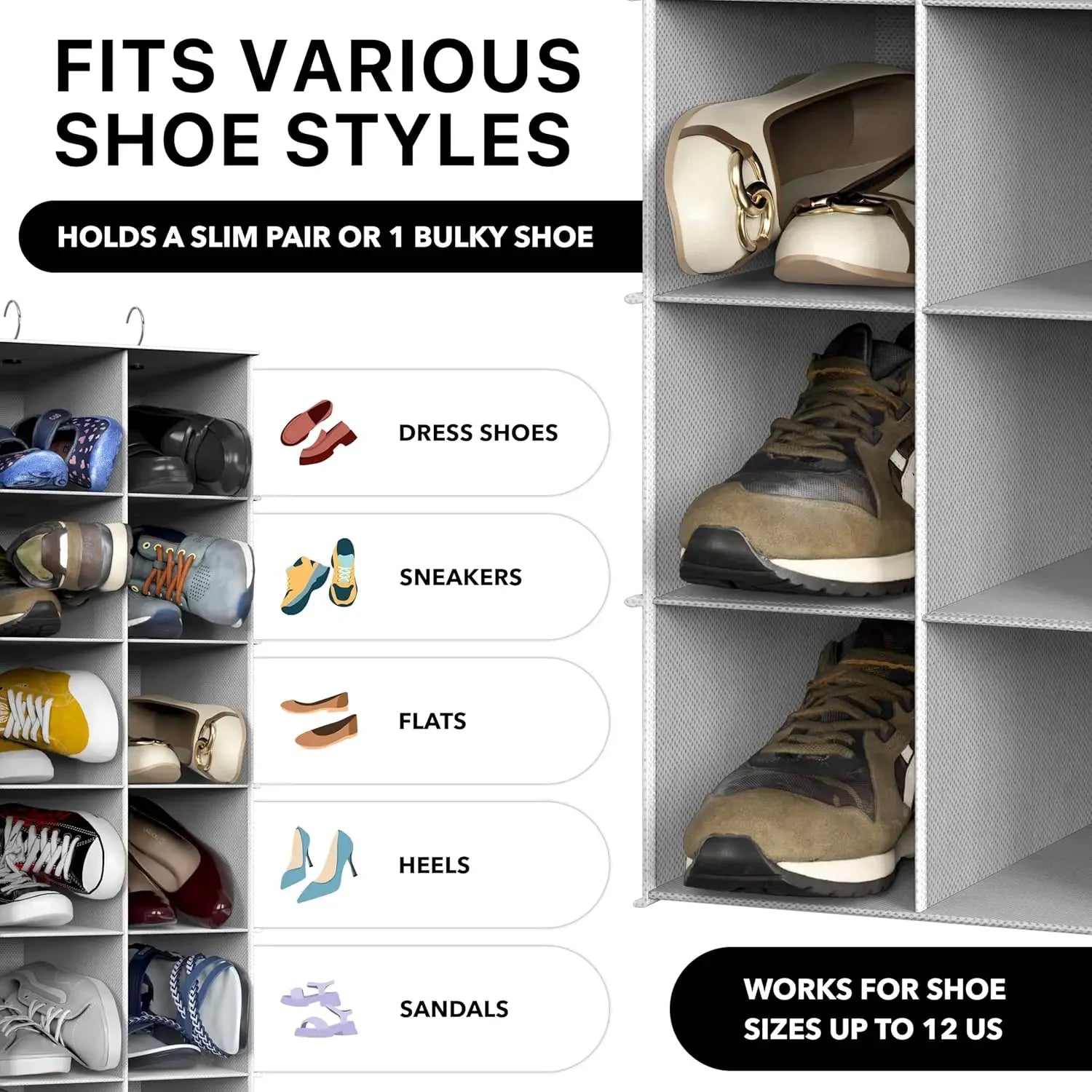 24-Section Hanging Shoe Organizer for Closet, Gray - Space-Saving Storage Solution Peaceful Pleasures Health and Wellness