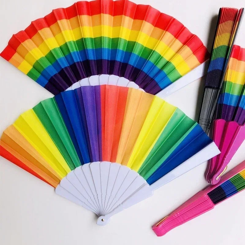 Plastic Hand Crank Fan Foldable Oriental Rainbow Silk Fabric Pocket