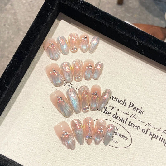 Aurora Mermaid Press On Nails – Glitter Pearl French Almond Tips Press On Nails Peaceful Pleasures Health and Wellness