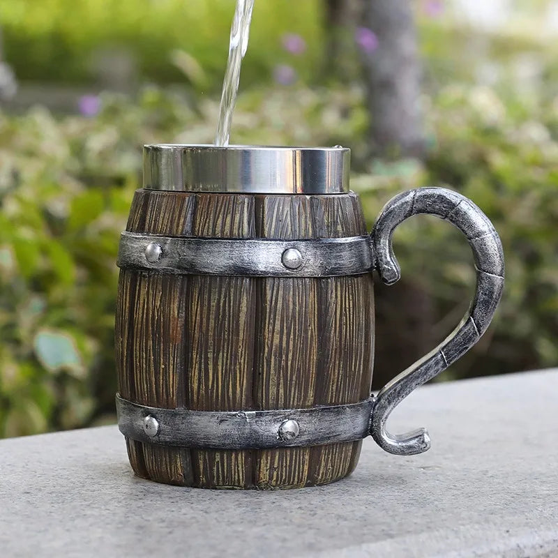Wooden Barrel Beer Cup Stainless Steel Coffee Mug Viking Style Vintage Beer Mug Double Wall Drinking Cup Halloween Bar Drinkware Peaceful Pleasures Health and Wellness