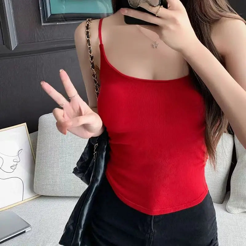 Horetong Women Pleated Camisole with Chest Cushion 2026 Spring Summer Adjustable Sleeveless Tops Sexy Sweet Slim Elastic Camis Peaceful Pleasures Health and Wellness