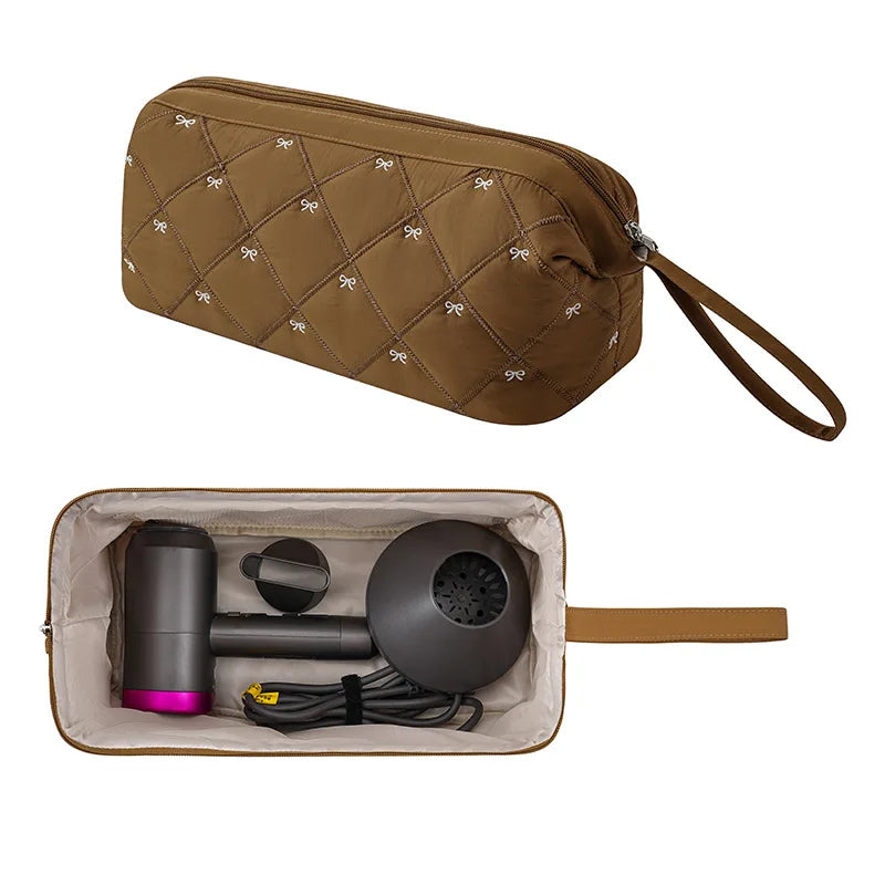 New Multi Functional Hair Dryer Storage Bag for Travel Cute Bow Embroidery Quilted Hair Tools Waterproof Zipper Cosmetic Bags Peaceful Pleasures Health and Wellness Caramel