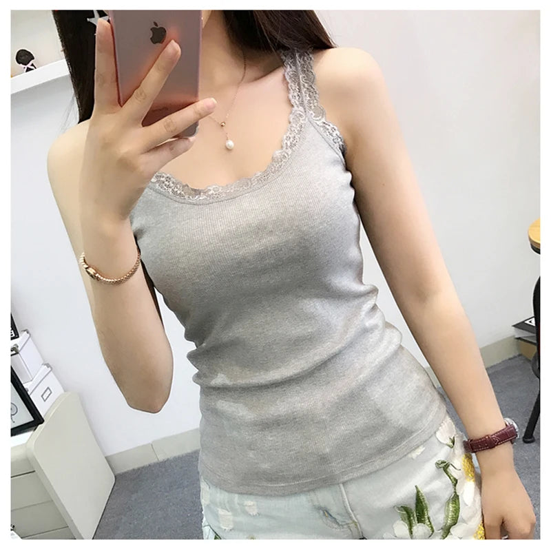 Tank Tops Women Summer O-neck Solid Color Female U-shaped Low Cut Lace Suspender Vest 2024 New Sleeveless Camisole For Ladies Peaceful Pleasures Health and Wellness