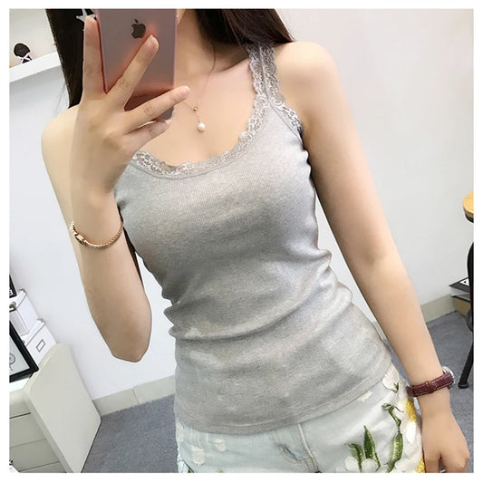 Tank Tops Women Summer O-neck Solid Color Female U-shaped Low Cut Lace Suspender Vest 2024 New Sleeveless Camisole For Ladies Peaceful Pleasures Health and Wellness