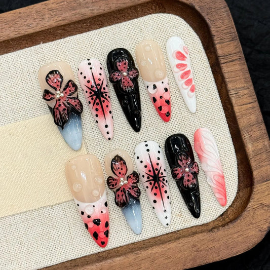 Gothic Y2K Press On Nails | 3D Carved Flower False Nails 10pcs Press On Nails Peaceful Pleasures Health and Wellness XS