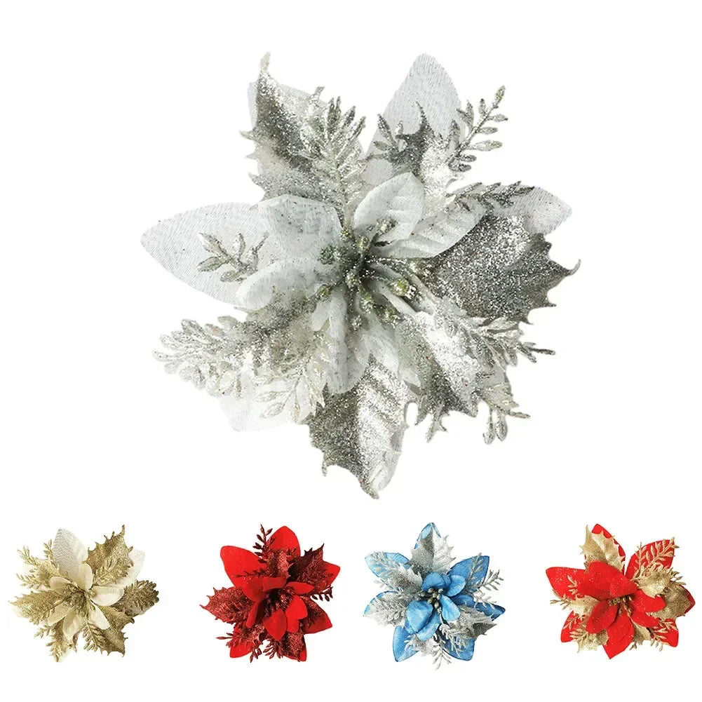 Christmas Glitter Poinsettia Flower Ornament | Xmas Tree Decor