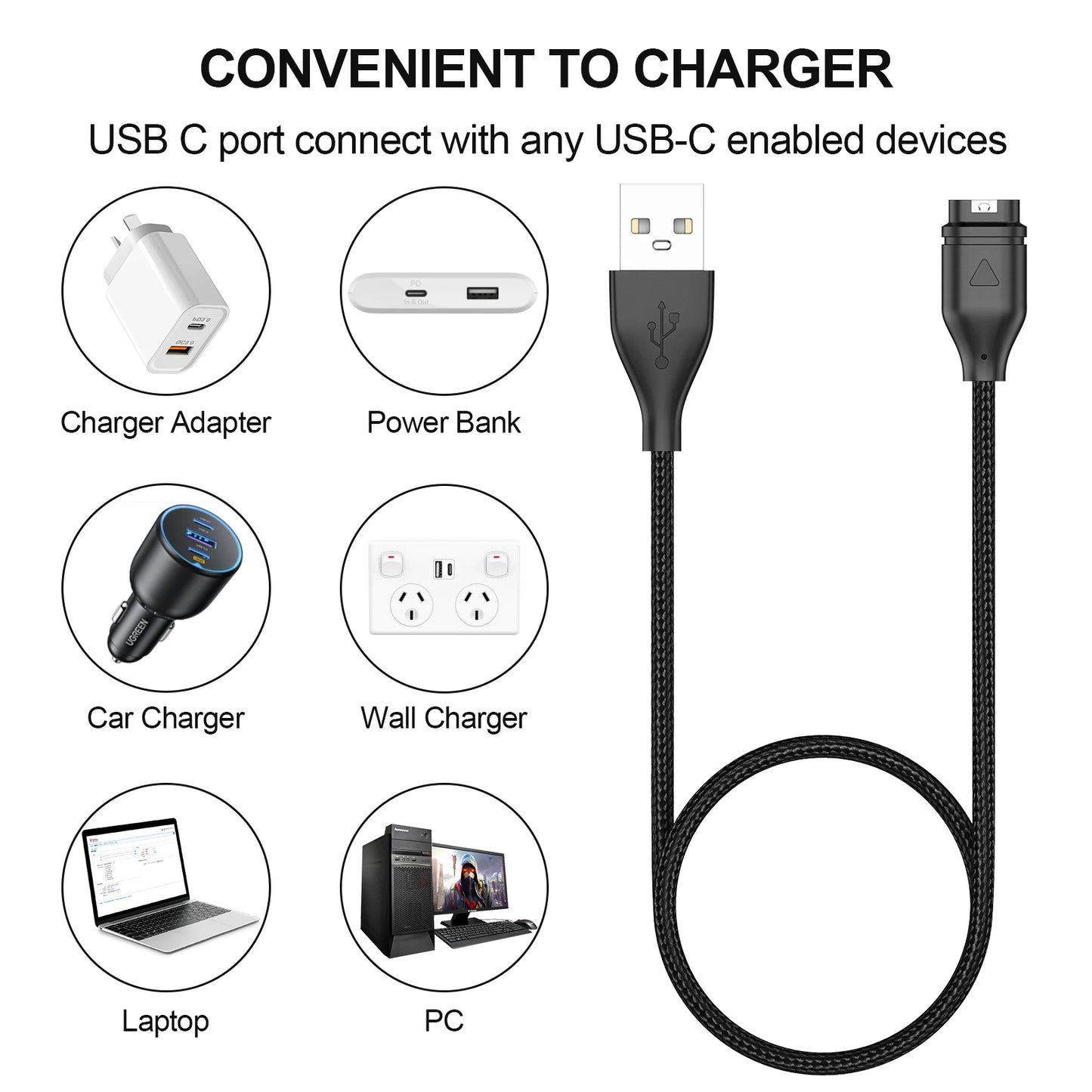 USB-C Charging Cable for Garmin Fenix 7 6 5, Forerunner & More Peaceful Pleasures Health and Wellness