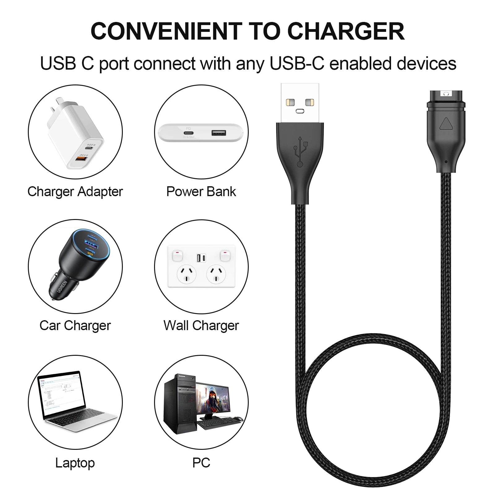 USB-C Charging Cable for Garmin Fenix 7 6 5, Forerunner & More Peaceful Pleasures Health and Wellness