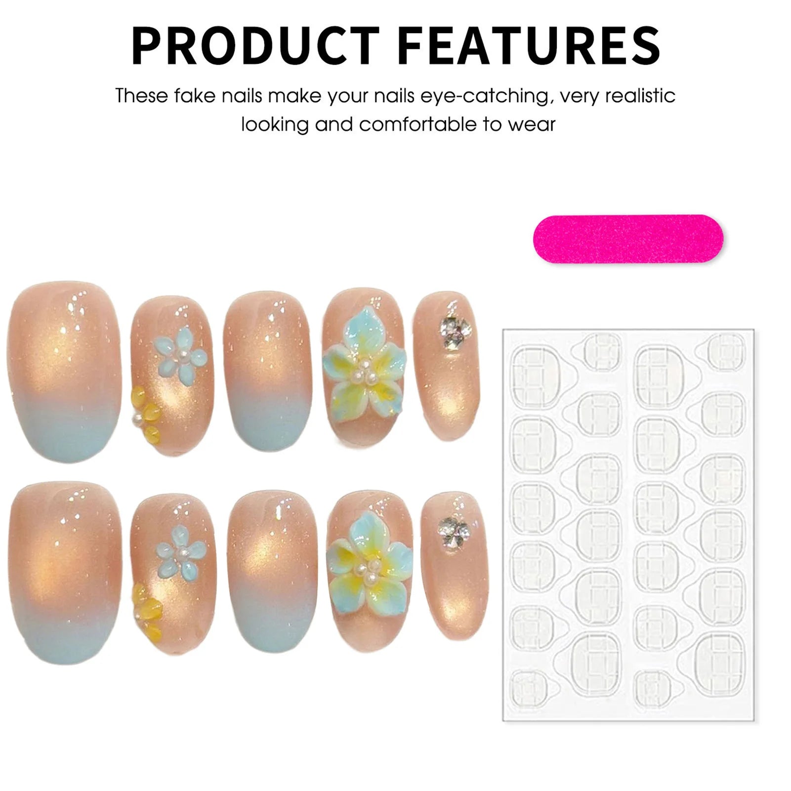 10pcs 3D Embossed Floral Handmade Press On Nails Gradient Blue Fake Nails With Cat's Eye Decor Wearable Oval Almond False Nails Peaceful Pleasures Health and Wellness
