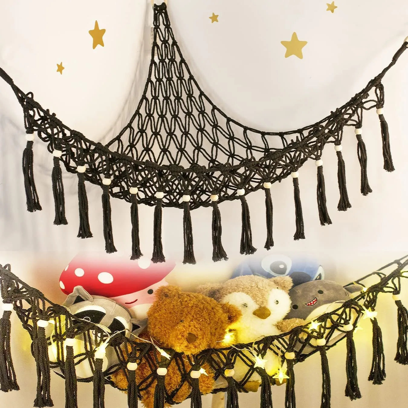 Corner Mounted Toy Storage Net Handwoven Cotton String Triangle Pouch Plush Doll Hammock Kids Room Organizer Peaceful Pleasures Health and Wellness Black 100x100x120