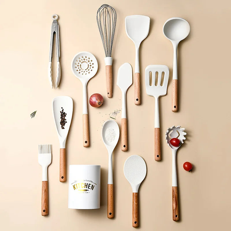 Silicone Non-Stick Cooking Utensil Set – Stainless Steel Handle Spatula, Egg Beater & Shovel Kitchen Tool Set