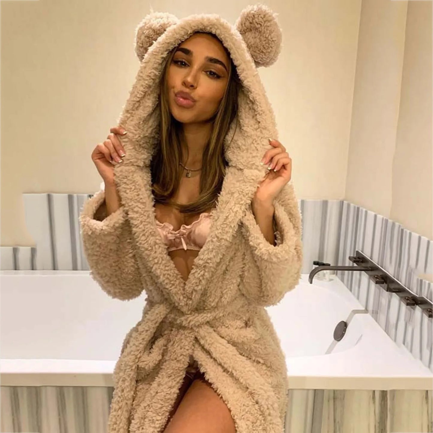 Women's Fluffy Hooded Bathrobe | Plush Winter Dressing Gown