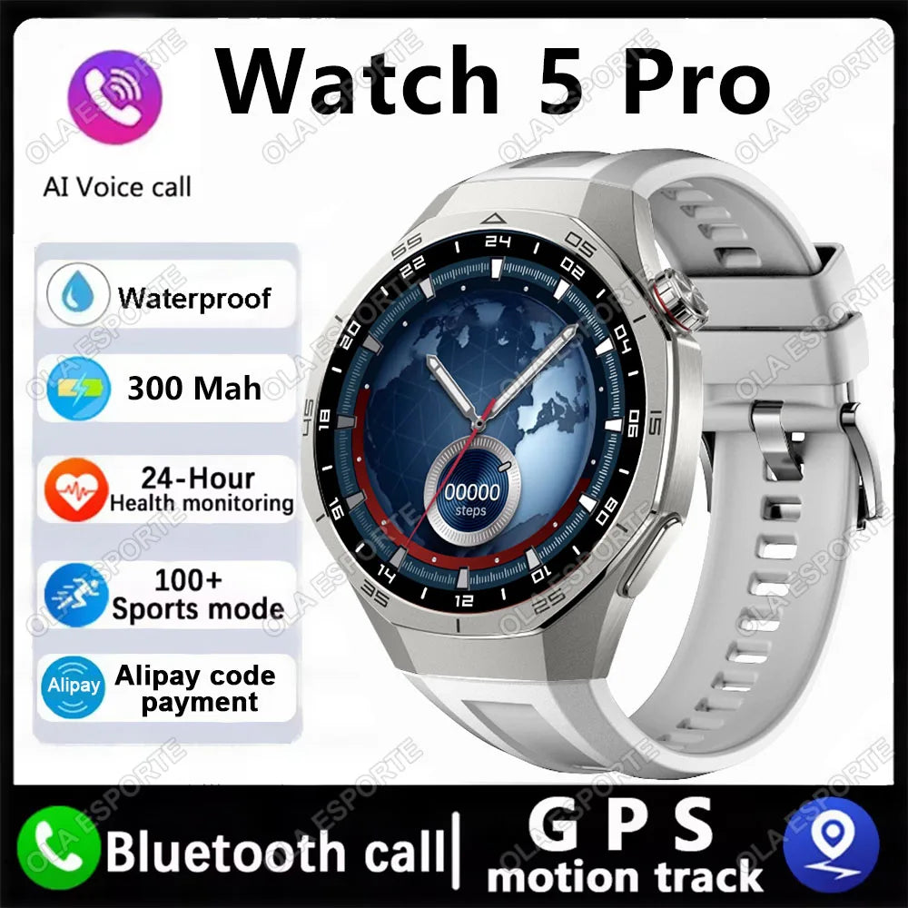 MA27 New Watch 5 Pro Smart Watch 1.53 Inch AMOLED Display Screen GPS Sports Tracker Smartwatch Men Women IP68 Waterproof Watches Peaceful Pleasures Health and Wellness Silver