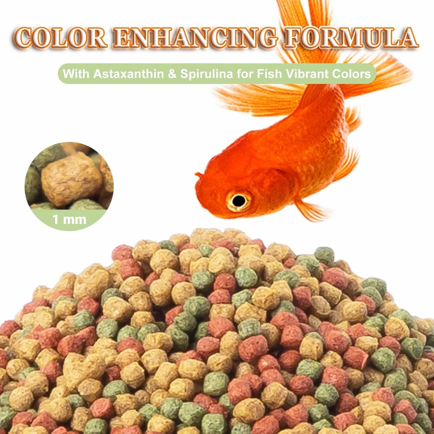 1MM Floating Goldfish Food Pellets Koi Pond Fish Growth Natural Color Enhancing Krill Spirulina Clear Water Formula Daily Diet Peaceful Pleasures Health and Wellness