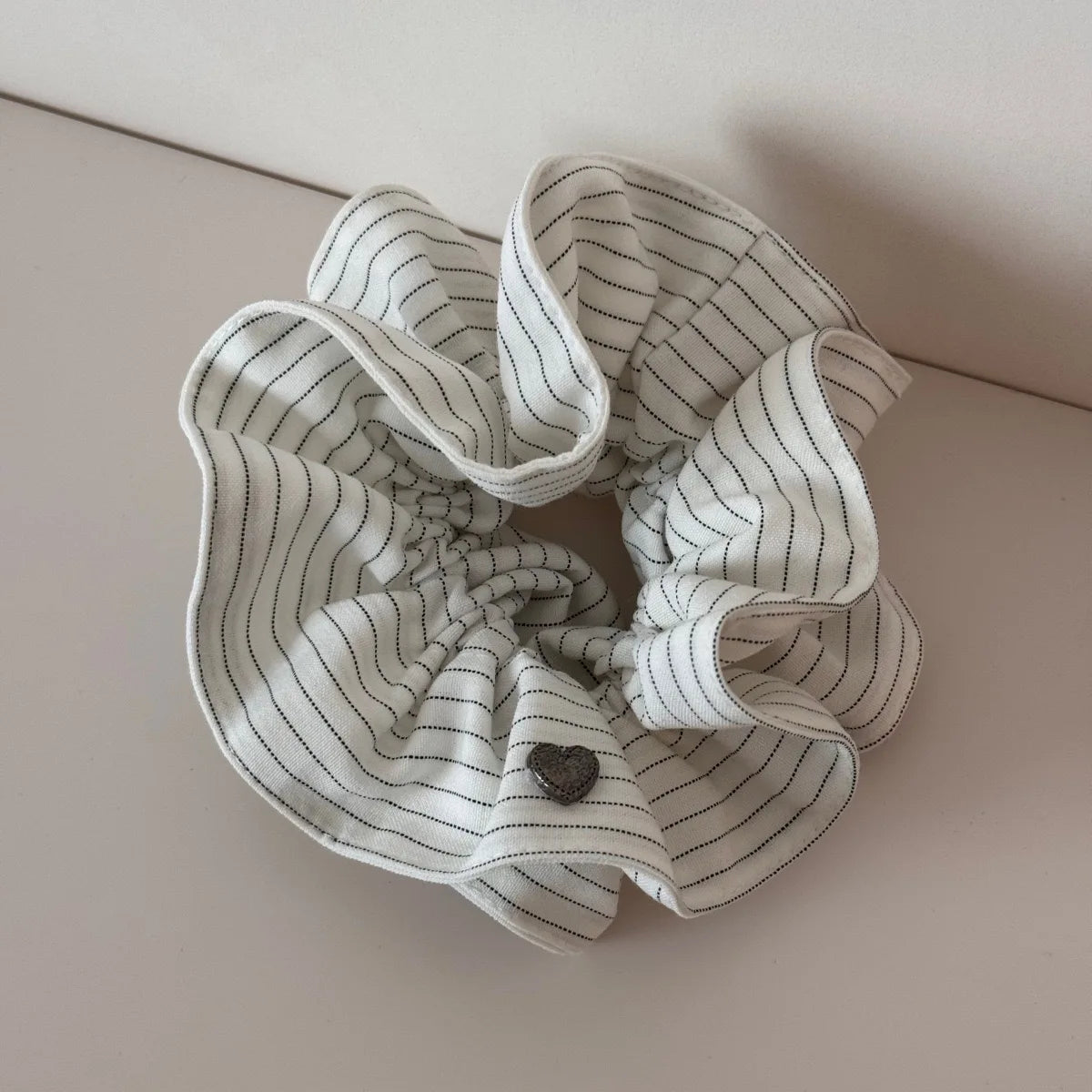New Korean Stripe Polka Dot Metal Heart Hair Tie Elegant High Grade Square Scarf Large Hair Scrunchie Ponytail Holder Accessory Peaceful Pleasures Health and Wellness white double-layer