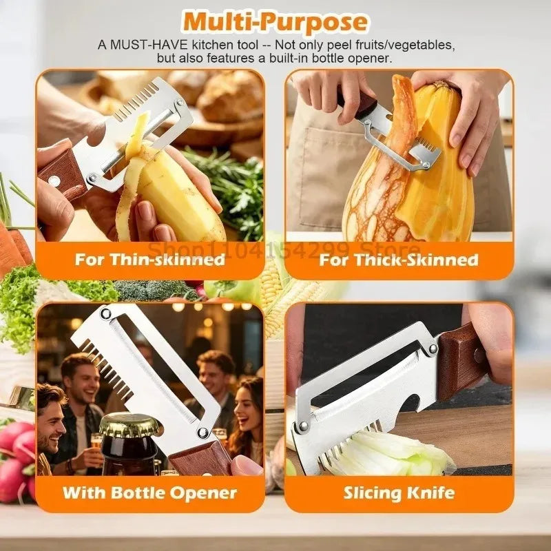 3-in-1 Wooden Handle Vegetable Peeler – Stainless Steel