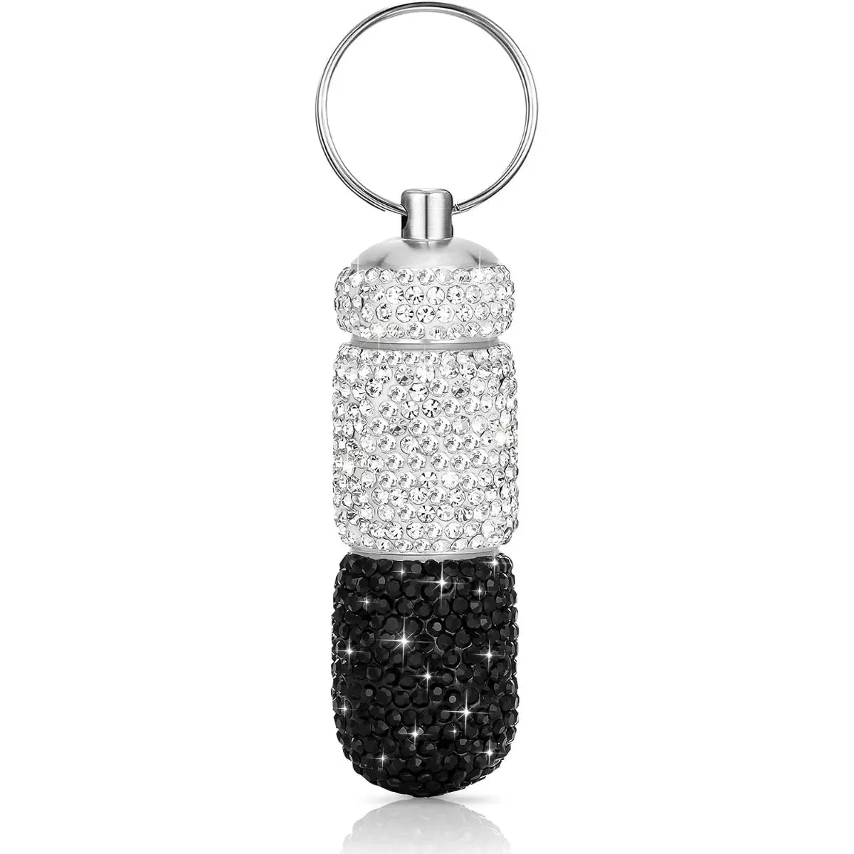 Bling Keychain Pill Box 2 Compartments Small Travel Pill Case Organizer Crystal Diamond Medicine Bottle Pill Bottle Keychain Peaceful Pleasures Health and Wellness Silver-Black