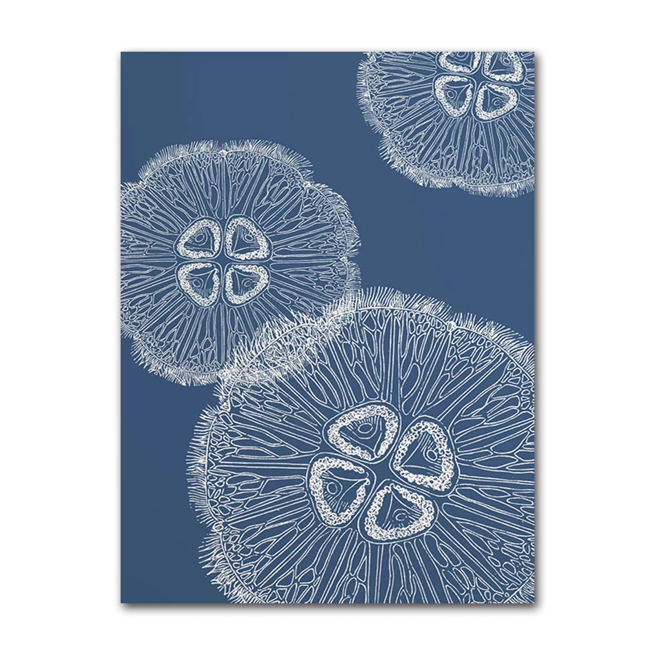 Coastal Blue Beach Antique Shell Sketch Poster, Starfish Jellyfish Conch Oil Painting Print, Wall Art for Kids Room Home Decor Peaceful Pleasures Health and Wellness