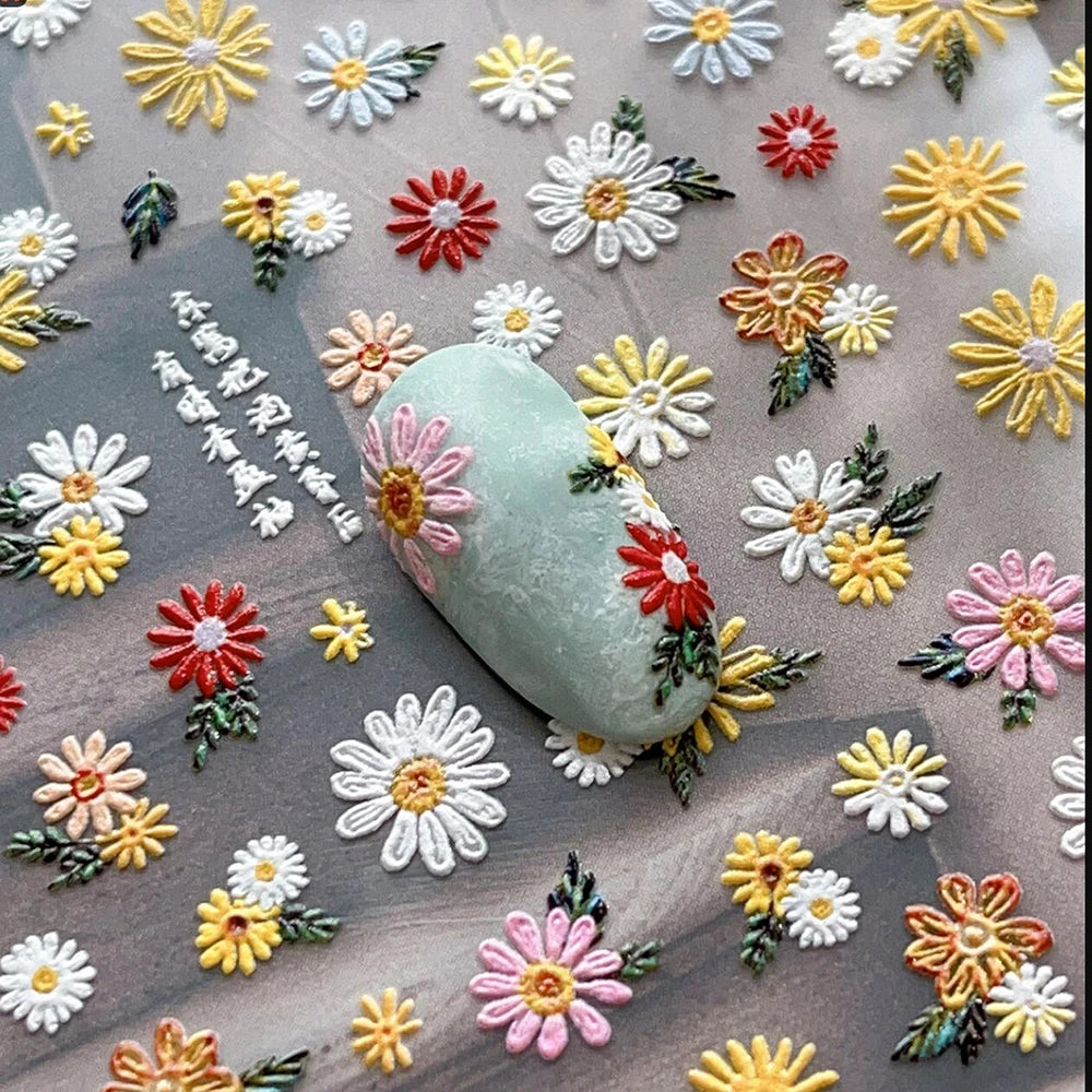 5D Spring White/Pink Embossed Daisy Nail Art Stickers White Daisy Flowers Nail Decal Self-Adhesive Elegant Daisy Floret Slider Peaceful Pleasures Health and Wellness