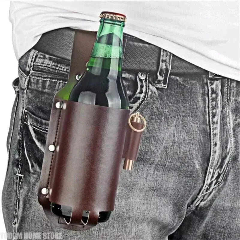 PU Leather Beer Bottle Holster Belt Pouch – Hands-Free Waist Bag