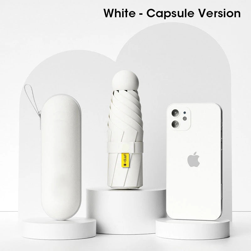 Mini Capsule Travel Umbrella Windproof Sun Rain Proof UV Protection Portable Compact Lightweight for Women Men Peaceful Pleasures Health and Wellness Aluminum 6K White