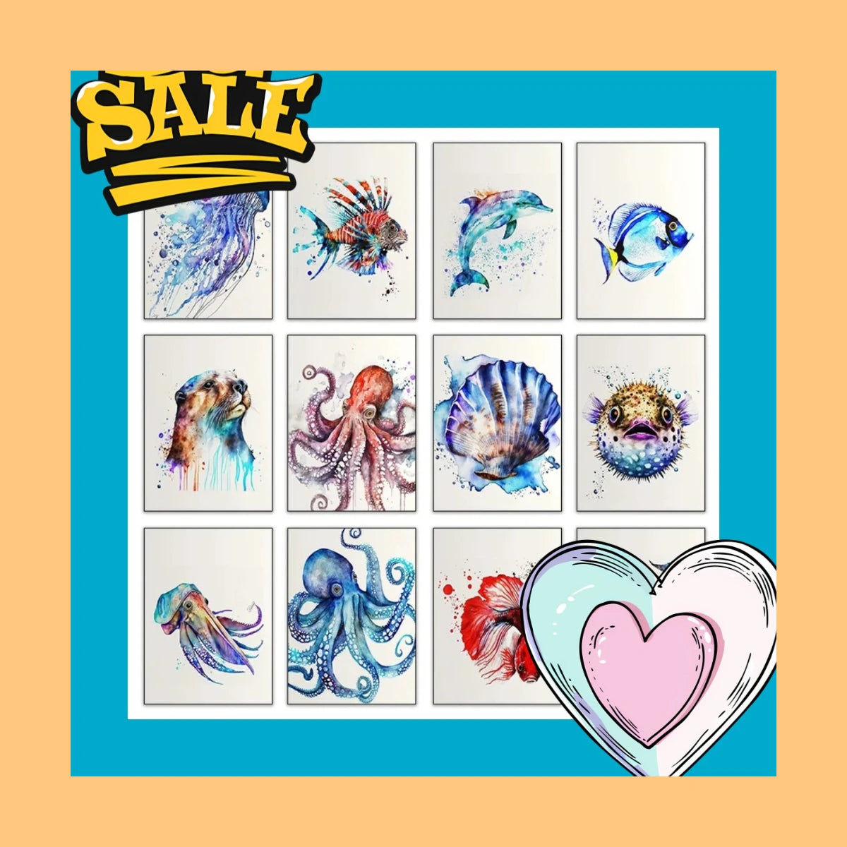 Deep Sea Watercolor Canvas Print – Ocean Creatures Wall Art
