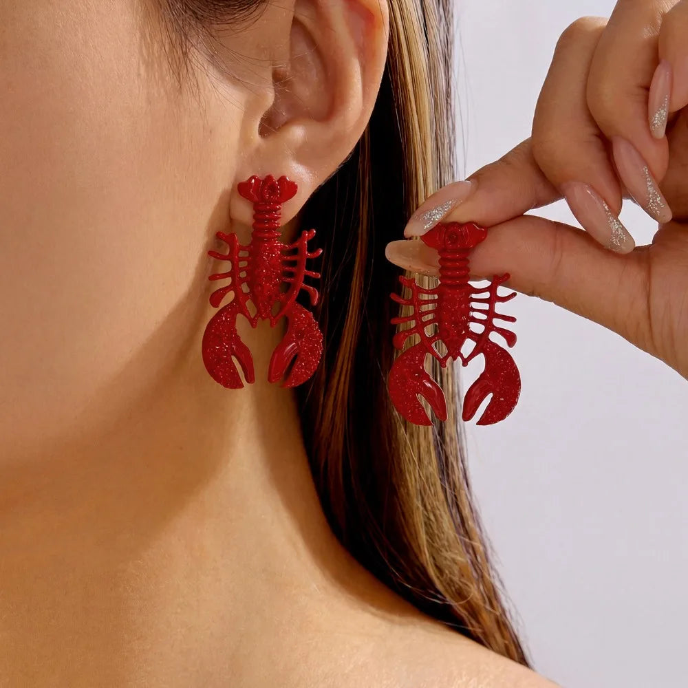 Lobster Drop Earrings – Enamel & Crystal Zircon Ocean Jewelry