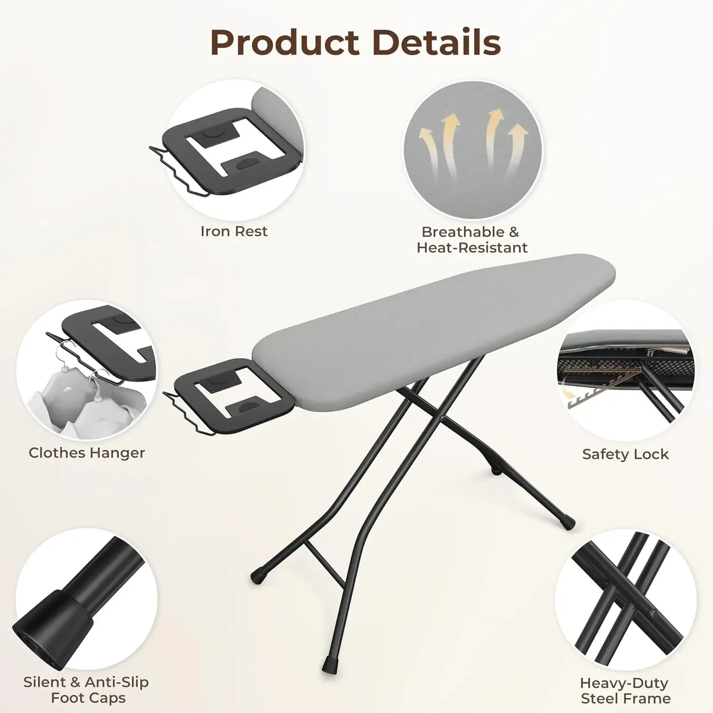 Foldable Ironing Board with 9 Adjustable Heights & Washable Cover Ironing Accessories Peaceful Pleasures Health and Wellness