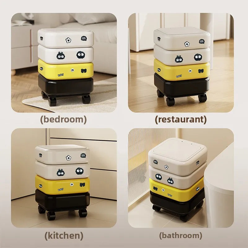 Cartoon Trash Bin with Lid Large Capacity Multi-Functional Mobile Wastebasket Modern Household Storage Organizer Wheels Peaceful Pleasures Health and Wellness