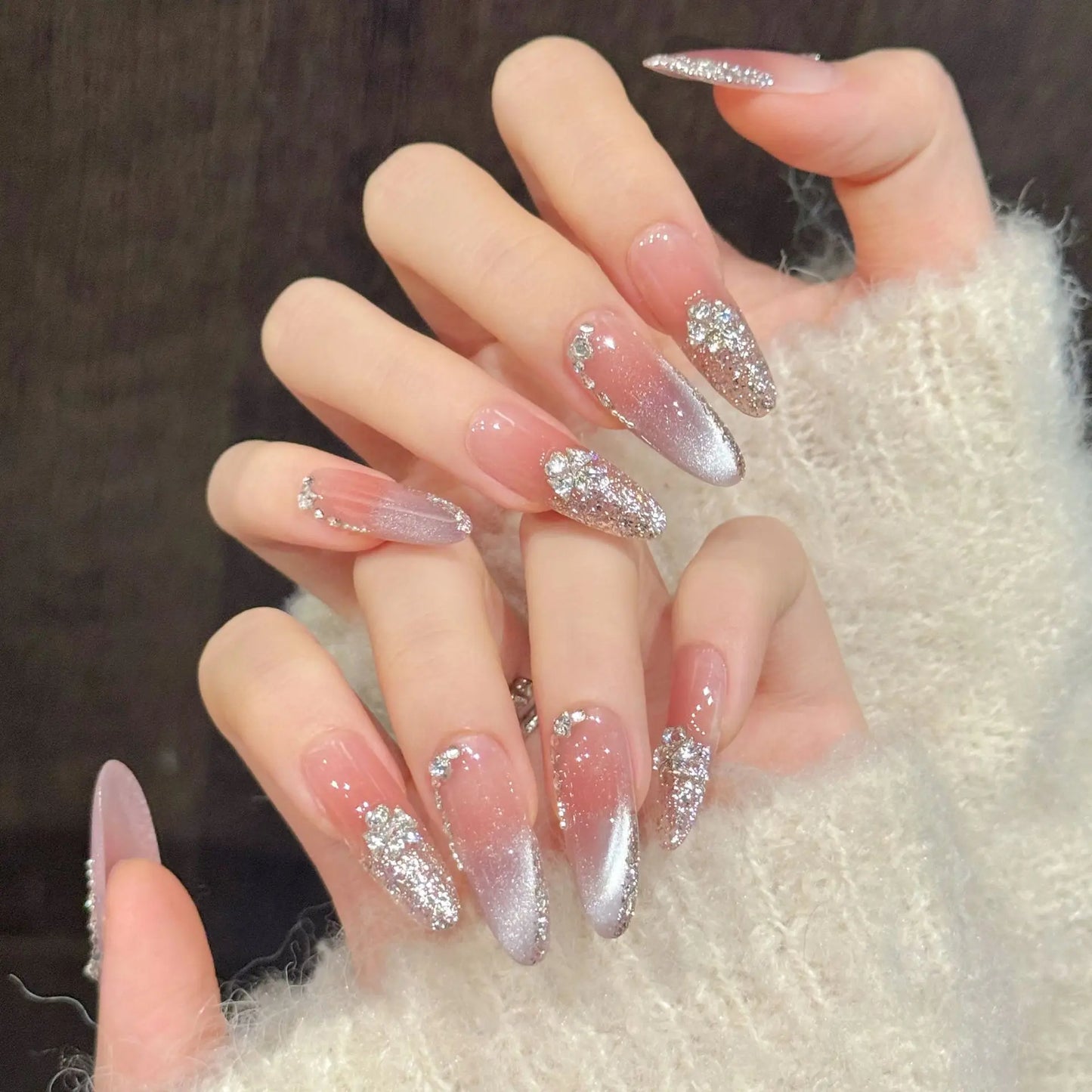 Light Purple Cat's Eye Press On Nails – Rhinestone Set of 10
