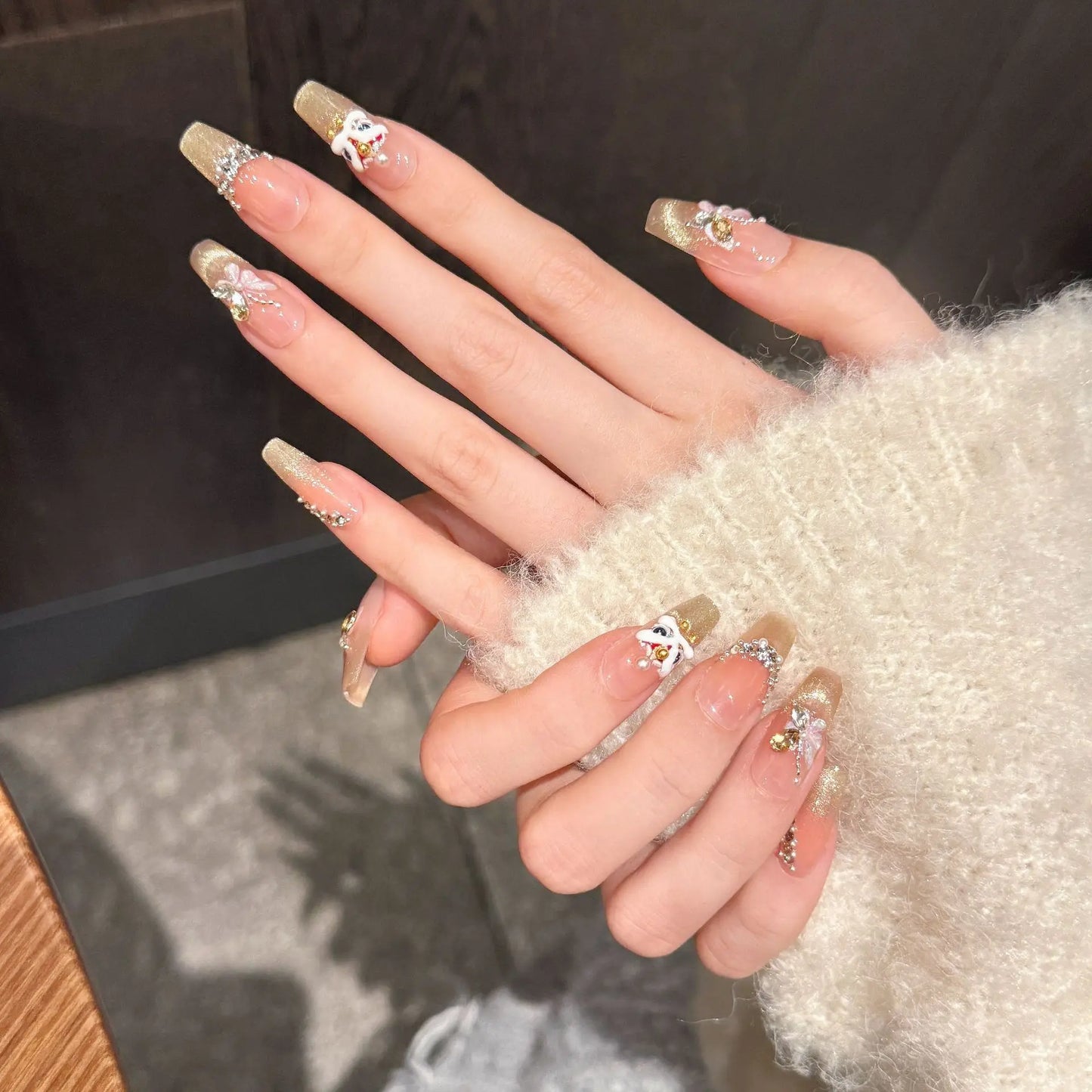 Handmade Press-On Nails | Gold Lucky Lion Cat Eye Design