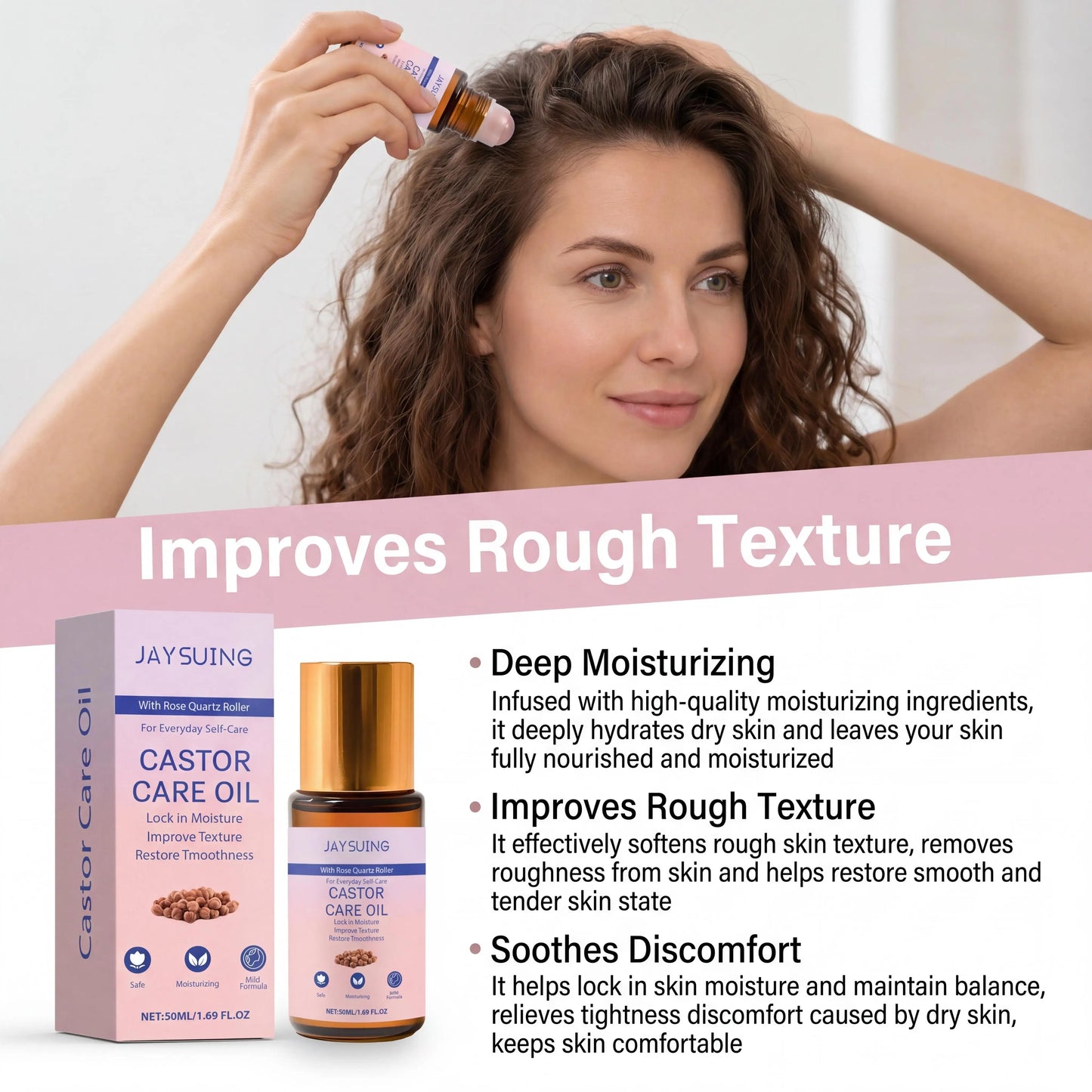 Organic Castor Oil & Rose Quartz Roller – Skin & Hair 50ml