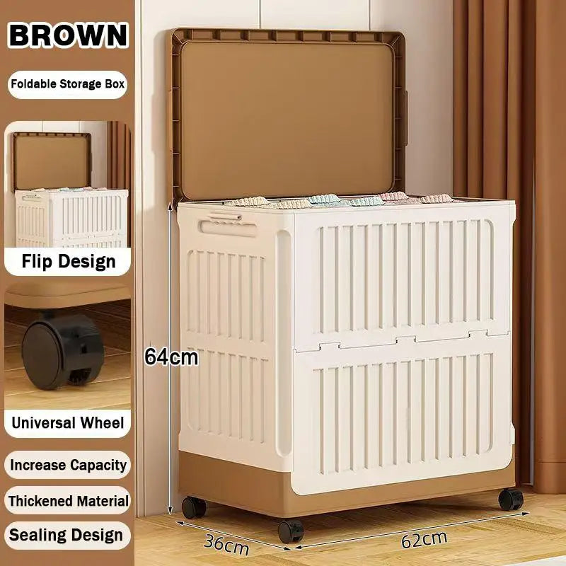 Foldable Plastic Storage Box with Wheels – Large Organizer Rolling Storage Box Peaceful Pleasures Health and Wellness Brown 1 Door