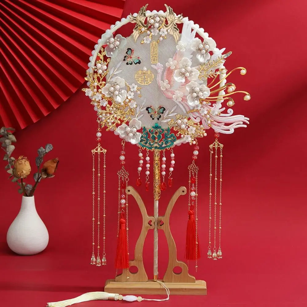 Handmade Chinese Bridal Fan – Silk Tassel & Flower Wedding Fan