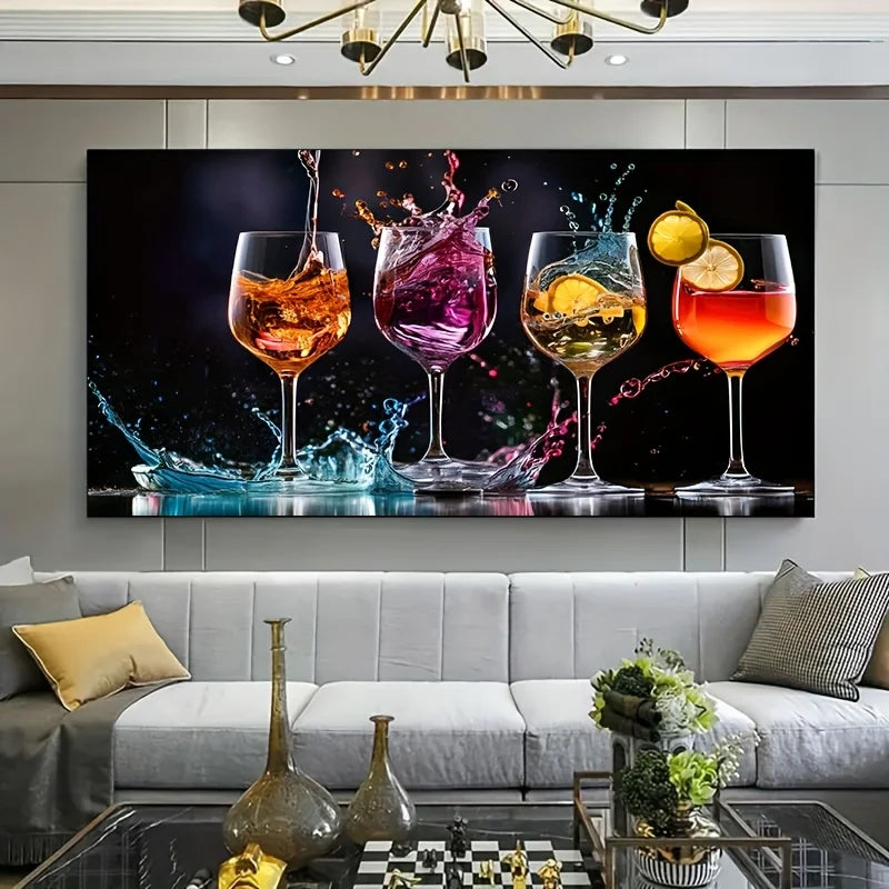 1pc Vibrant Wine & Cocktail Glasses Canvas Art, Frameless Modern Wall Decor for Living Room, Colorful Splash Design Room Decor Peaceful Pleasures Health and Wellness