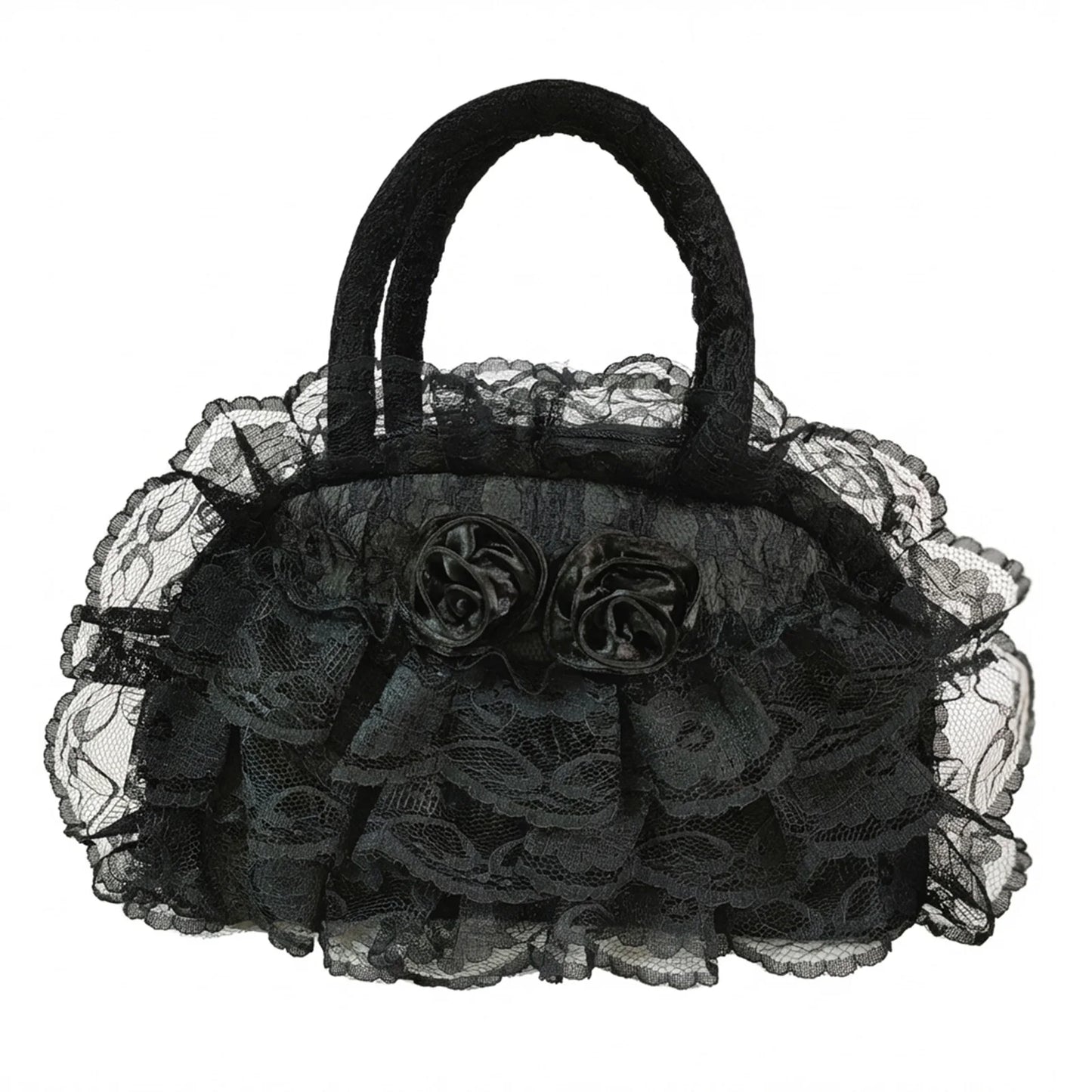 Women Retro Style Handbag With Lace Ruffled Trim For Daily Travle Peaceful Pleasures Health and Wellness Black