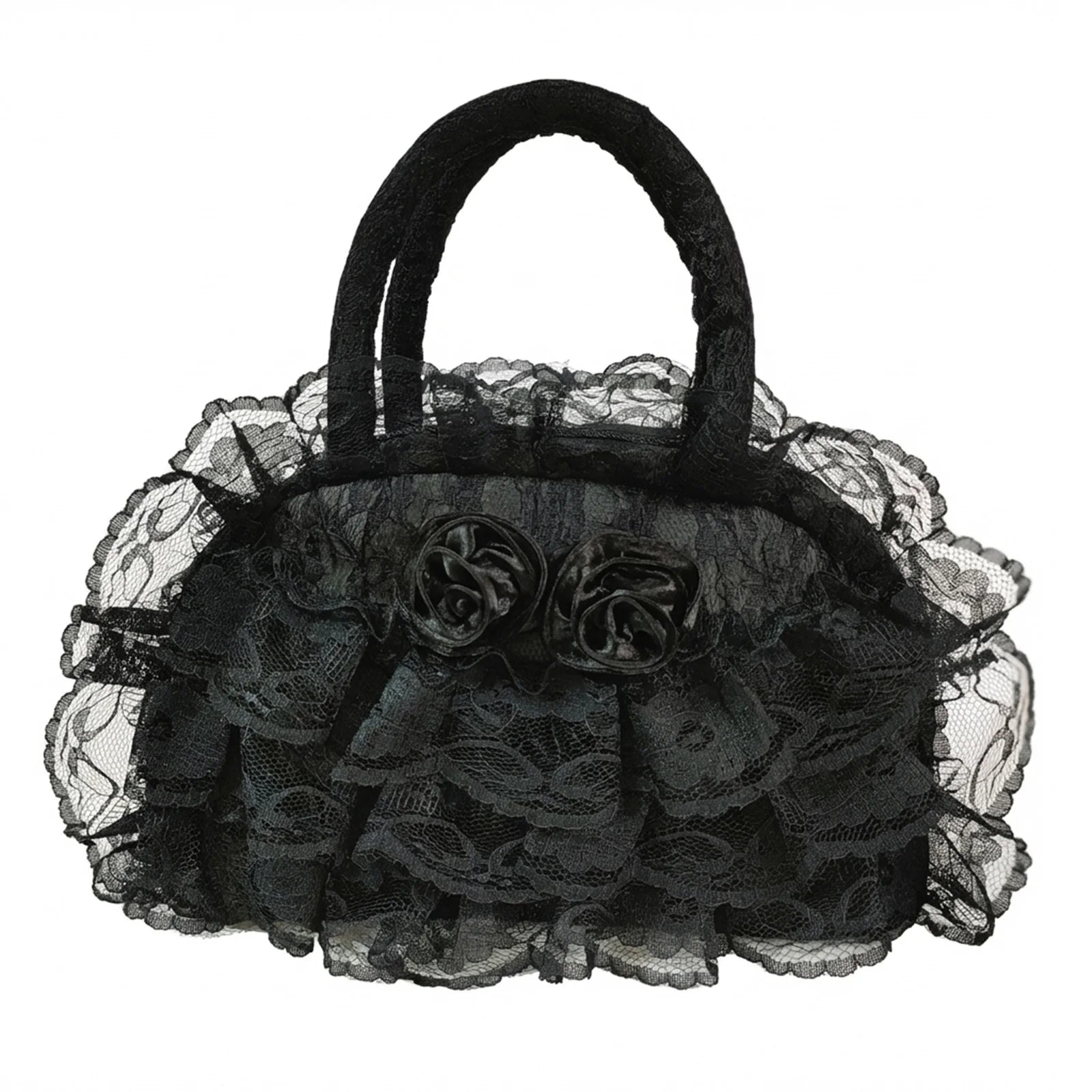 Women Retro Style Handbag With Lace Ruffled Trim For Daily Travle Peaceful Pleasures Health and Wellness Black