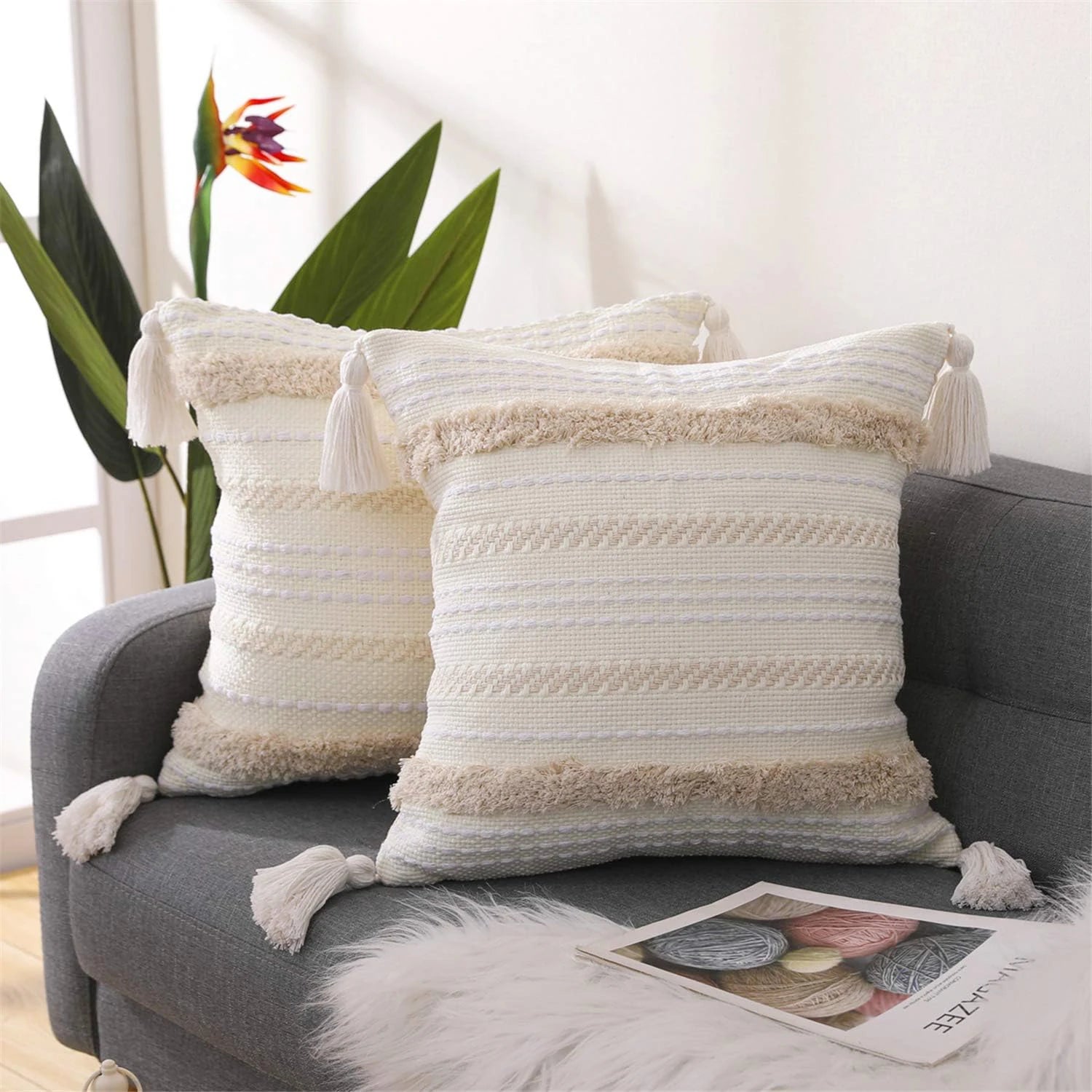 Battilo Boho Throw Pillow Cover Tufted Pillow Case with Tassels Neutral Woven Cushion Cover for Sofa Bed Living Room Home Decor Peaceful Pleasures Health and Wellness