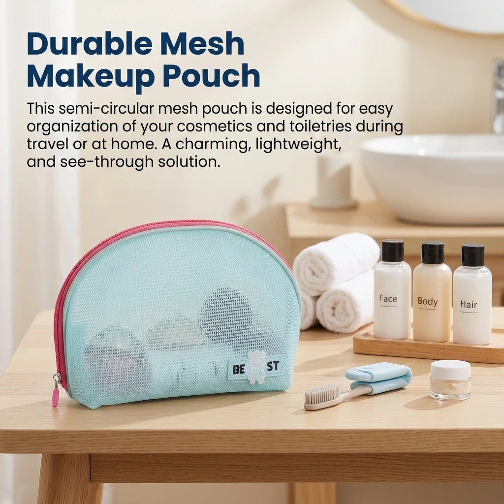 Travel Toiletry Bag Portable Cosmetic Pouch With Half-circle Mesh Design For Travel Makeup Storage Peaceful Pleasures Health and Wellness